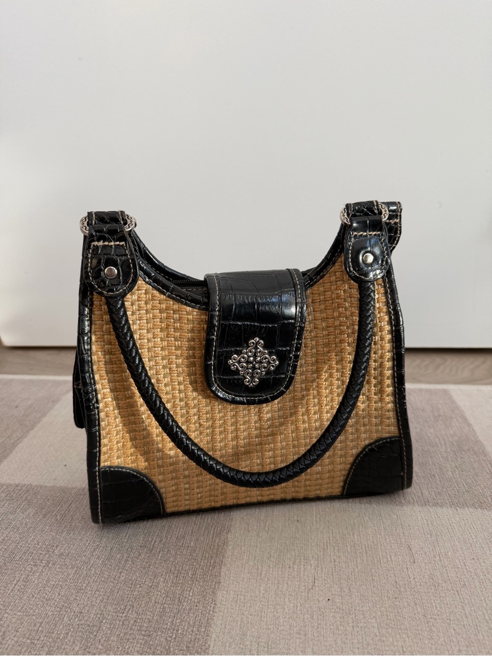 Rosetti Woven Straw & Black Faux Croc Trim Shoulder Bag Handbag